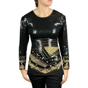 VINTAGE 80s SEQUIN BEAD EMBELLISHED FITTED GEOMETRIC SPARKLE TOP METAMORPHOSIS